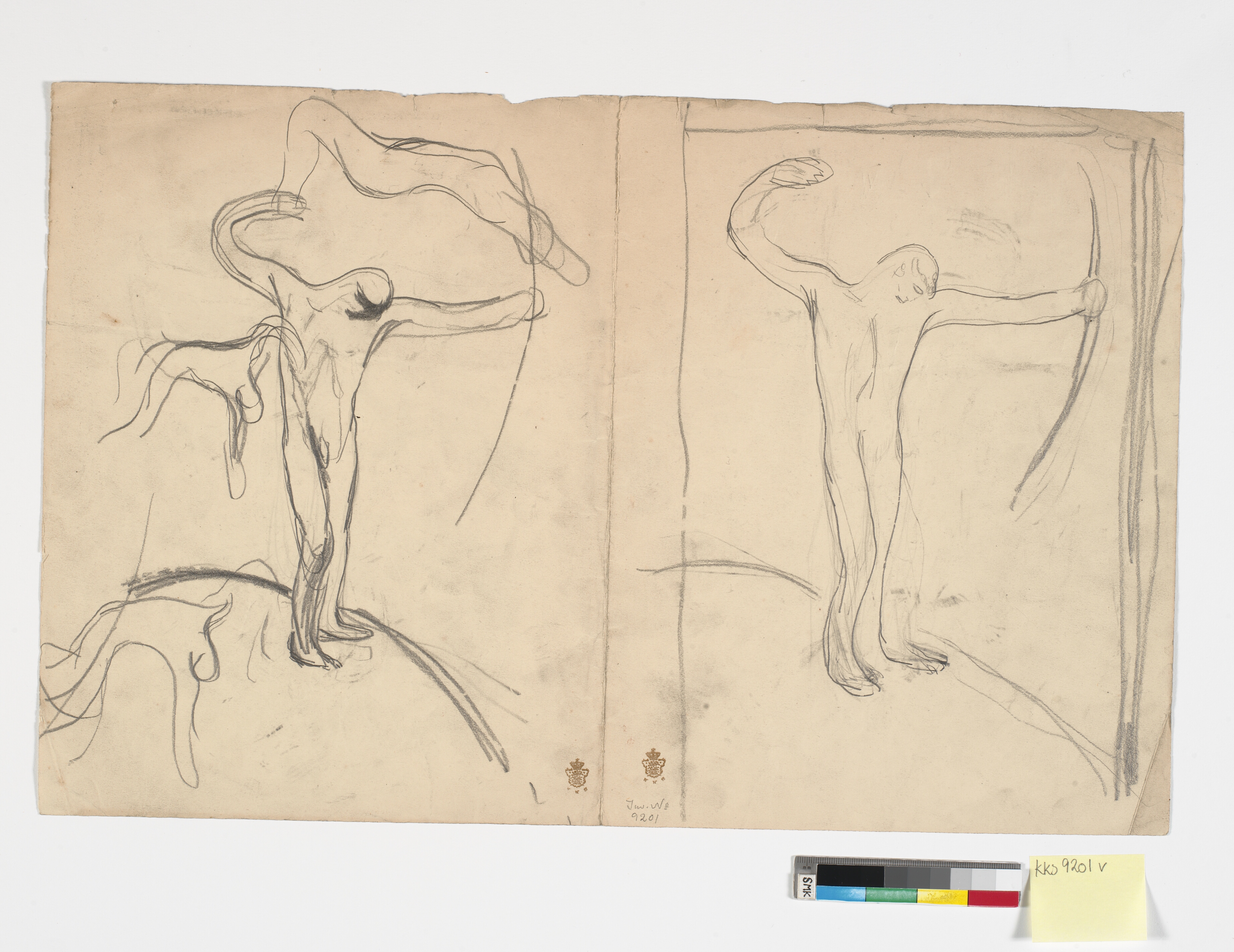 To studier af en nøgen, bueskydende mand samt et par mindre figurstudier